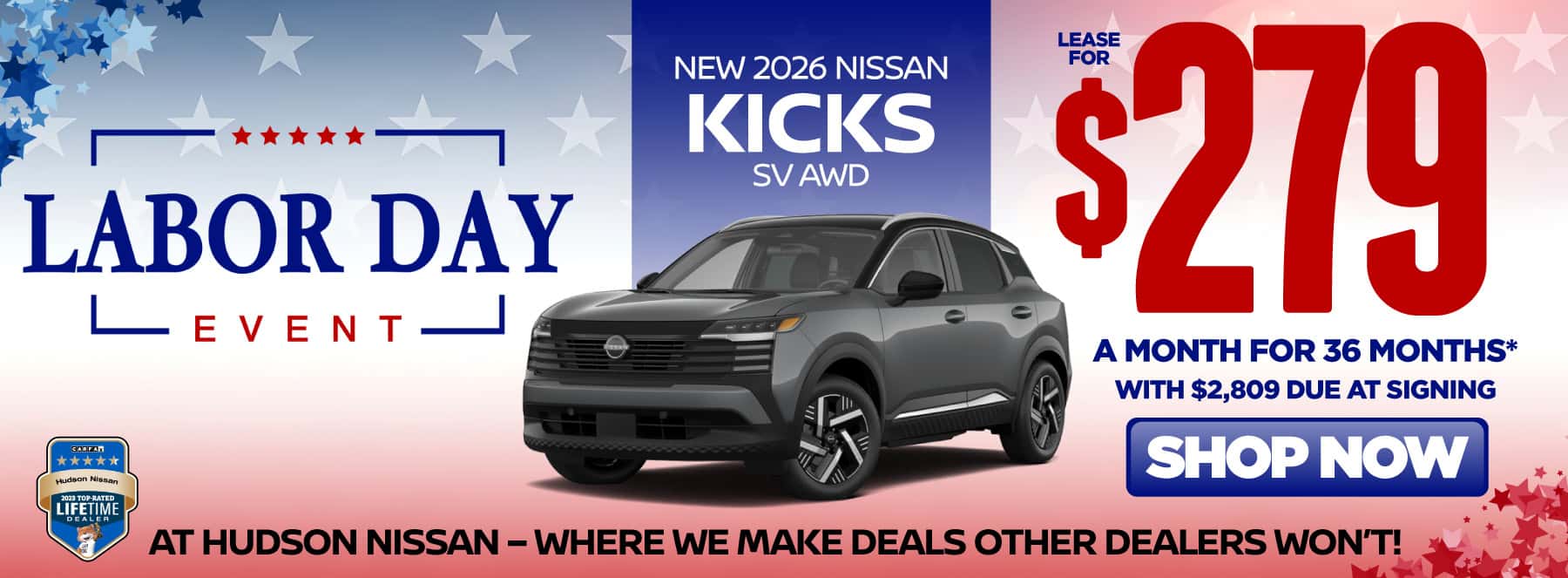 New 2026 Nissan Kicks SV AWD Lease for $279 a month for 36 Months* with $2,809 due at signing
