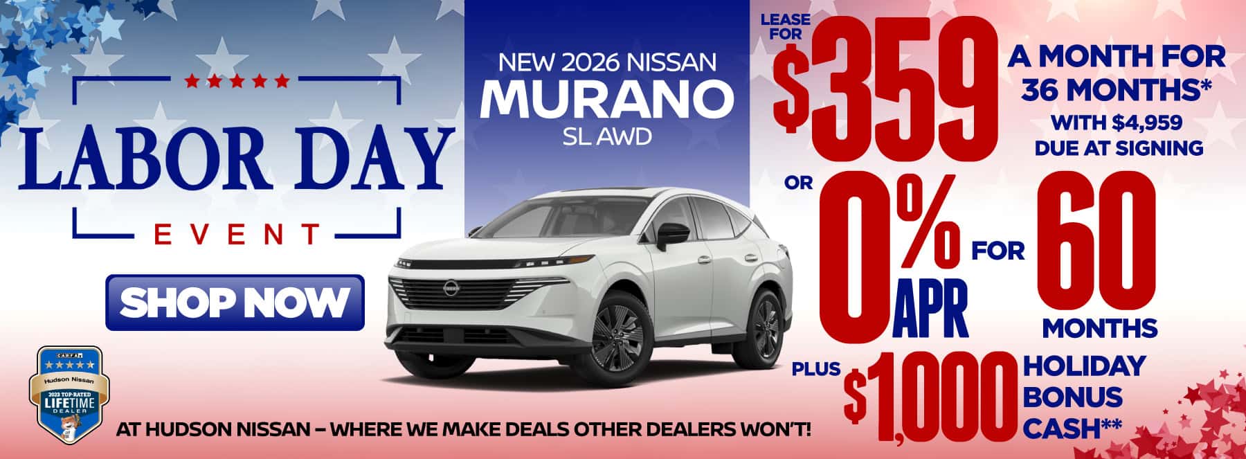 New 2026 Nissan Murano SL AWD Lease for $359 a month for 36 months* with $4,959 due at signing or 0% for 60 Months PLUS $1000 Holiday Bonus Cash**