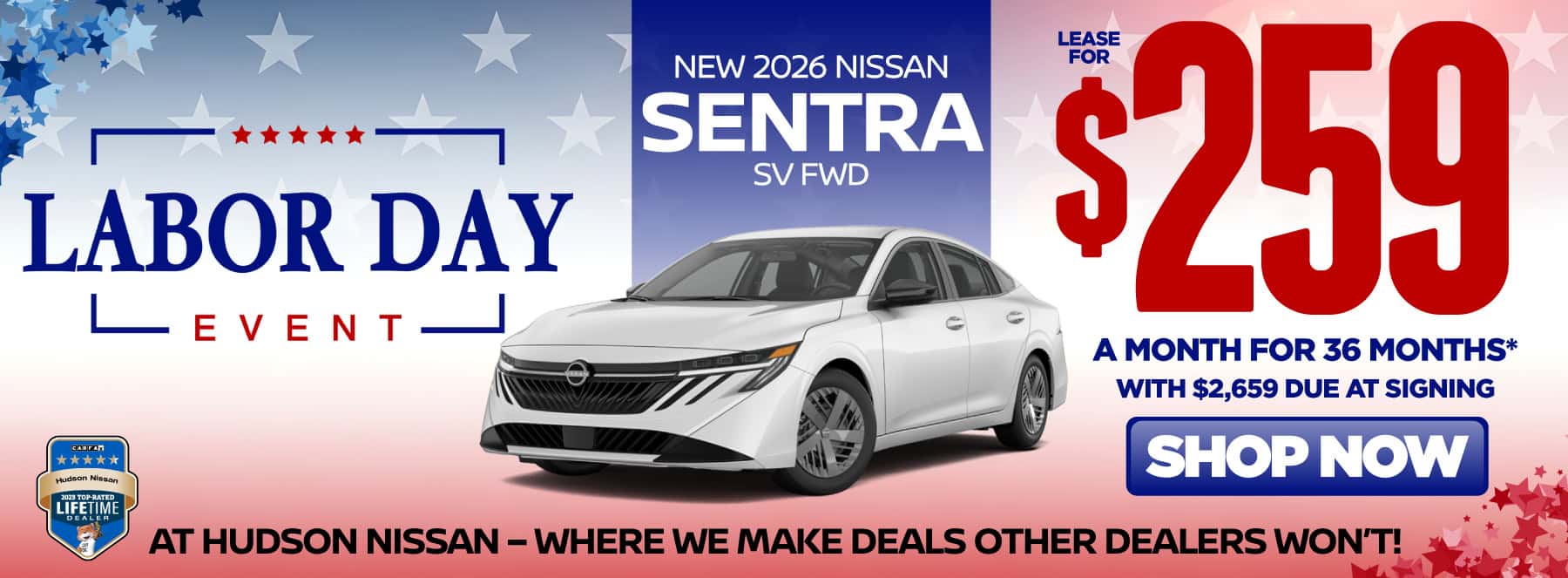 New 2026 Nissan Sentra SV FWD Lease for $259 a month for 36 months* with $2,659 due at signing