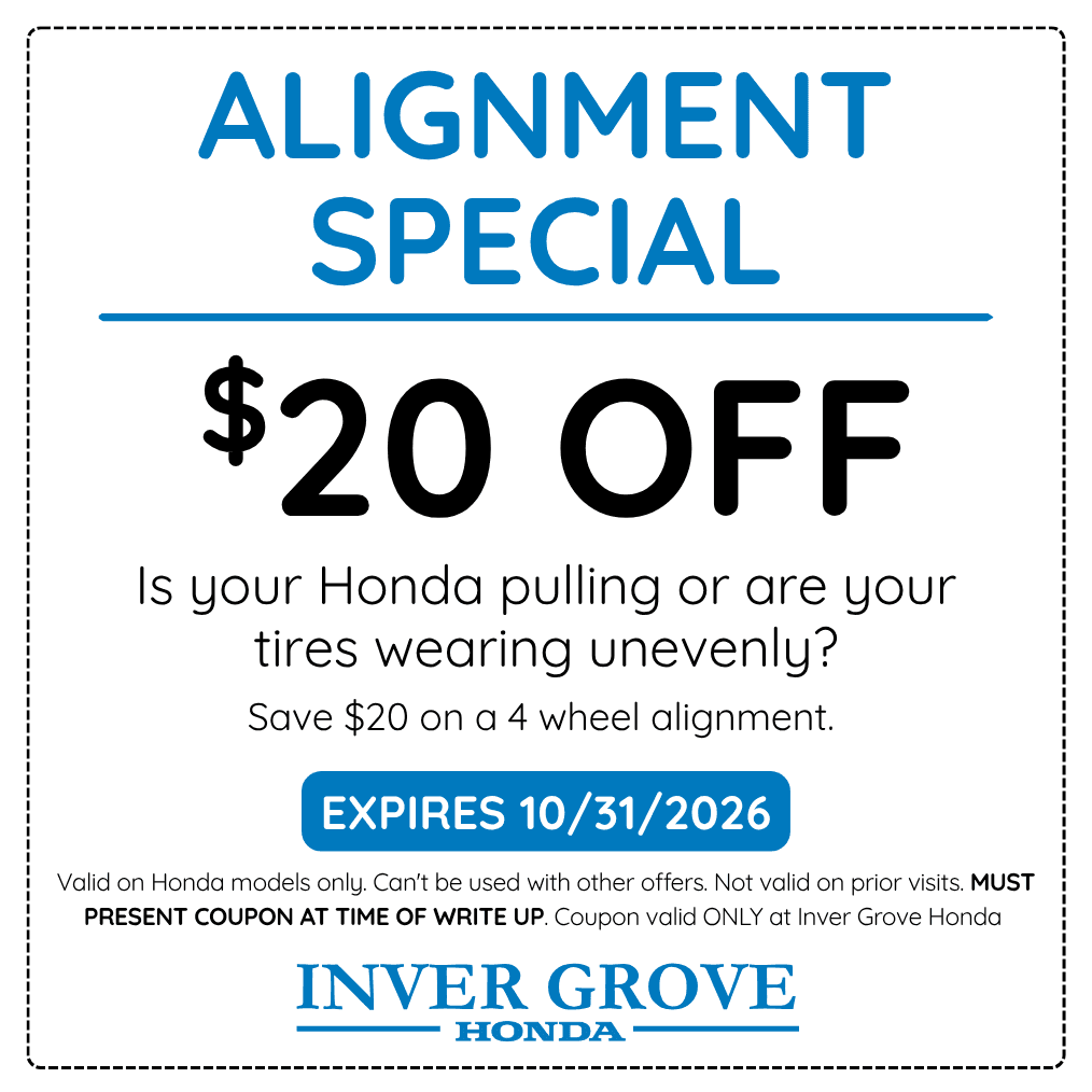 Inver Grove Honda service offer. See the coupon for full details. Expires October 31, 2026. Call (651) 306-8605.