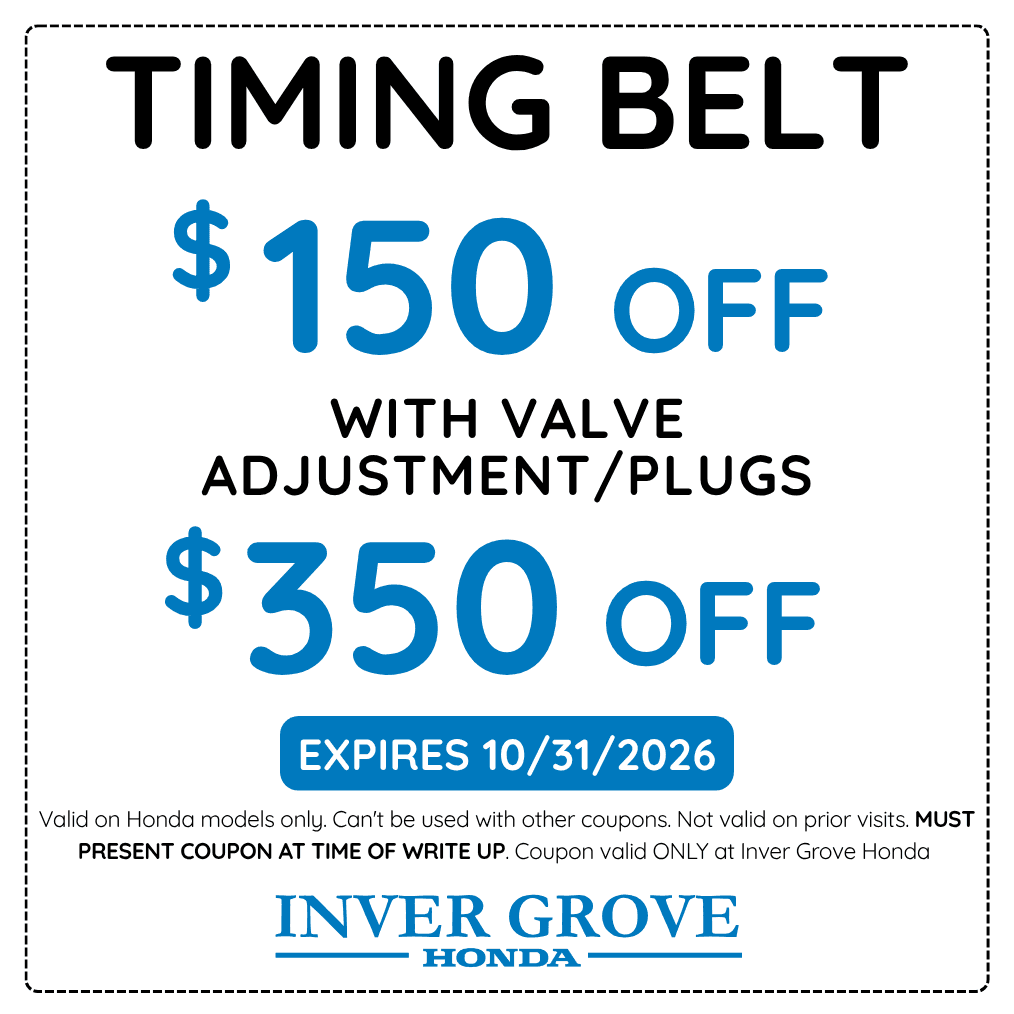 Inver Grove Honda service offer. See the coupon for full details. Expires October 31, 2026. Call (651) 306-8605.