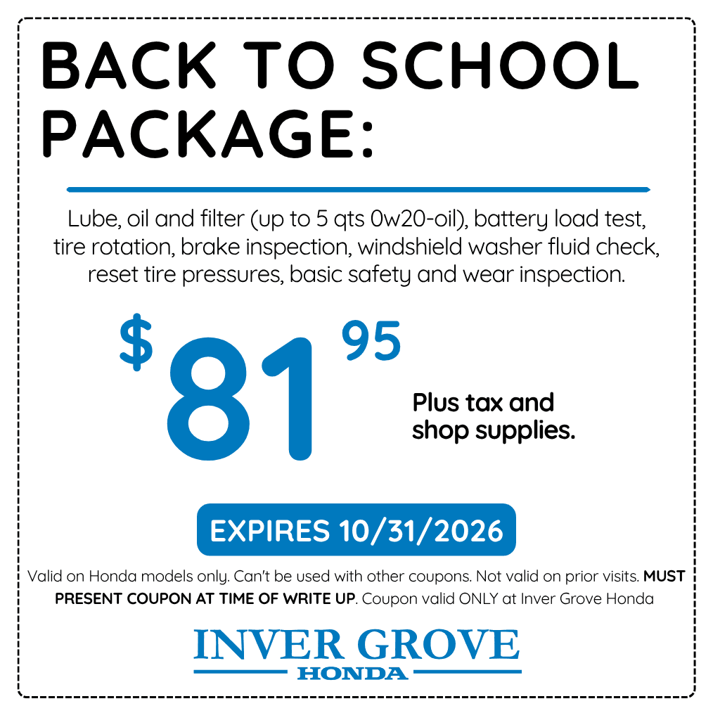 Inver Grove Honda service offer. See the coupon for full details. Expires October 31, 2026. Call (651) 306-8605.