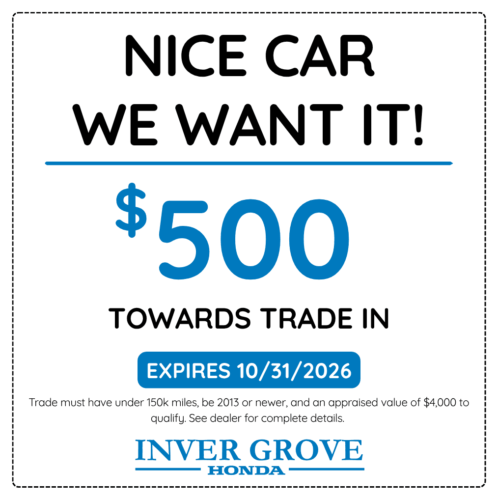 Inver Grove Honda service offer. See the coupon for full details. Expires October 31, 2026. Call (651) 306-8605.