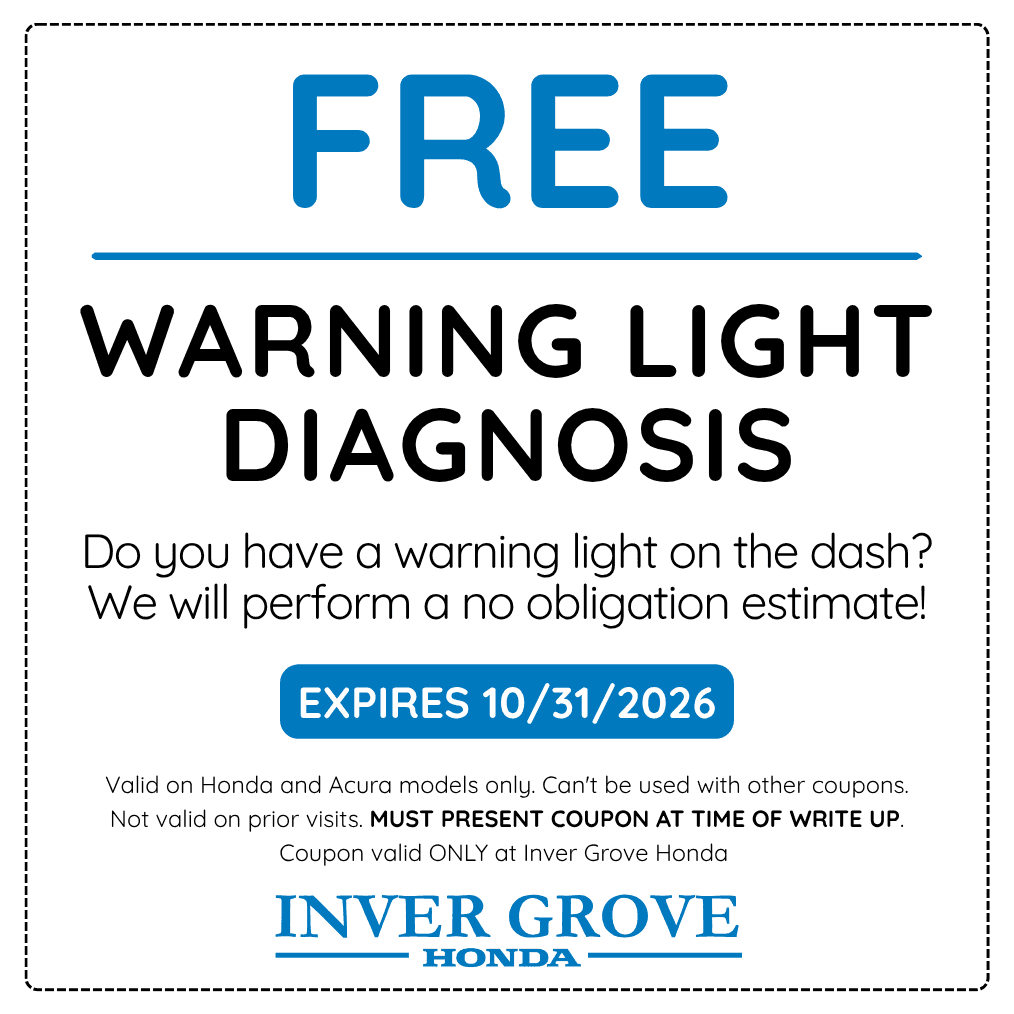 Inver Grove Honda service offer. See the coupon for full details. Expires October 31, 2026. Call (651) 306-8605.