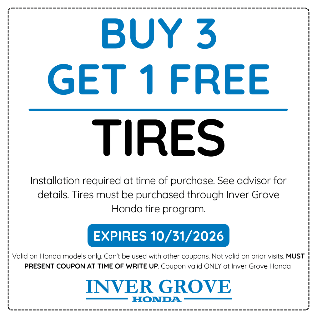 Inver Grove Honda service offer. See the coupon for full details. Expires October 31, 2026. Call (651) 306-8605.