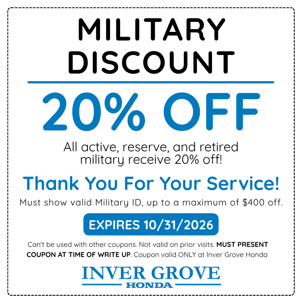 Inver Grove Honda service offer. See the coupon for full details. Expires October 31, 2026. Call (651) 306-8605.