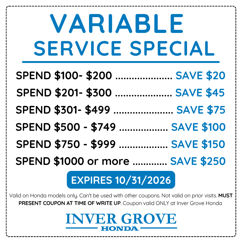 Inver Grove Honda service offer. See the coupon for full details. Expires October 31, 2026. Call (651) 306-8605.