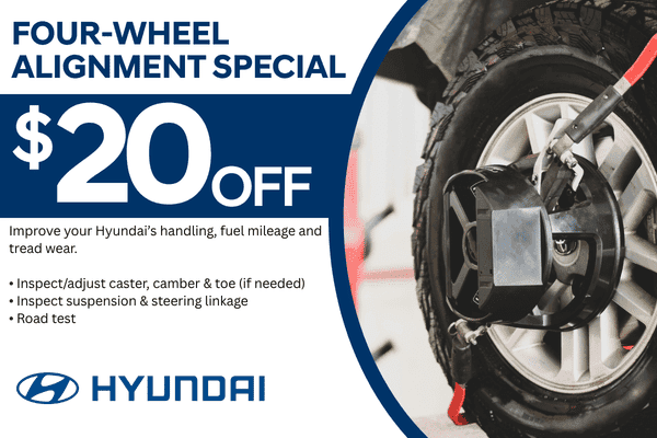 Hyundai service special offering $20 off a four-wheel alignment. Graphic shows alignment equipment attached to a vehicle wheel.