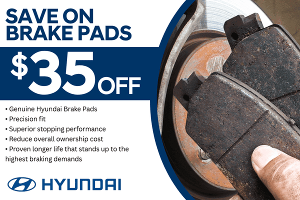 Hyundai brake service offer providing $35 off brake pads. Graphic shows brake pads and a brake rotor during service.
