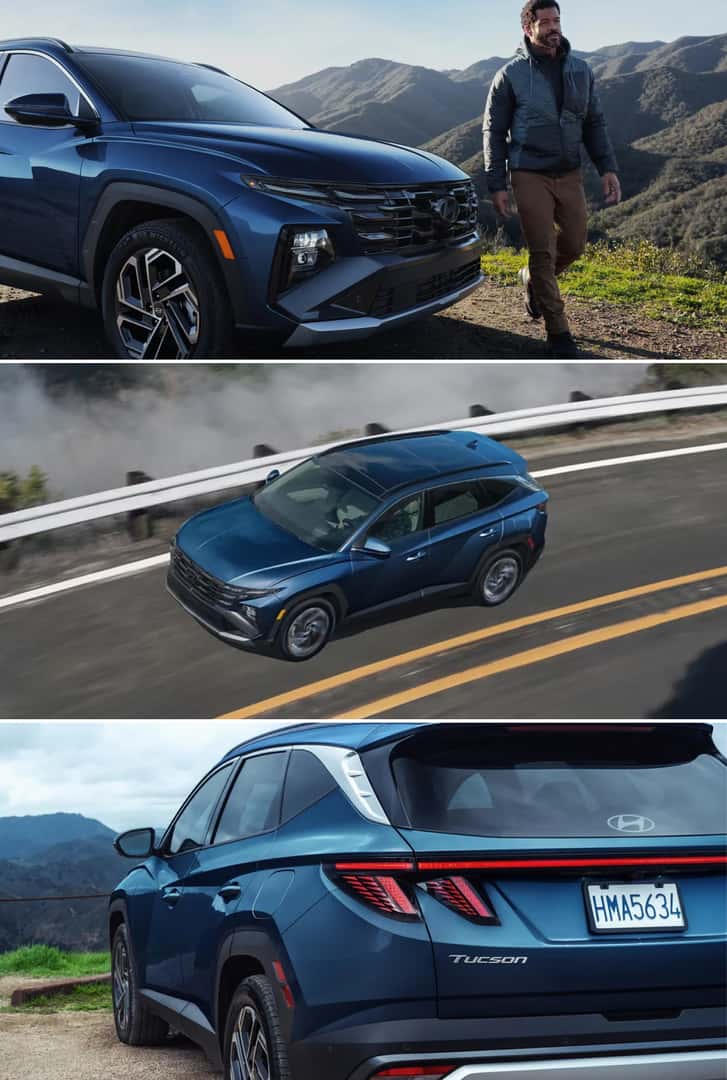 Blue Hyundai Tucson SUV shown in scenic mountain settings, highlighting modern design and adventure ready performance
