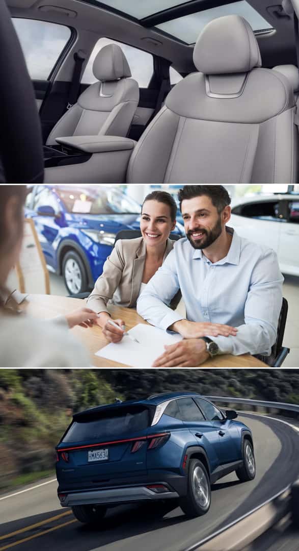 Collage of a Hyundai Tucson SUV featuring its light interior with panoramic sunroof, a couple signing paperwork at a dealership, and the blue Tucson driving on a winding road