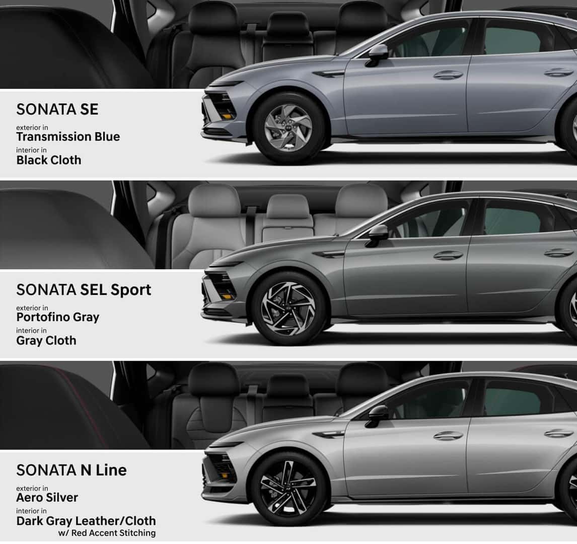 Sonata SE: exterior in Transmission Blue and interior in black cloth. Sonata SEL Sport: exterior in Portofino Gray and interior in gray cloth. Sonata N Line: exterior in Aero Silver, interior in dark gray leather and cloth with red accent stitching.