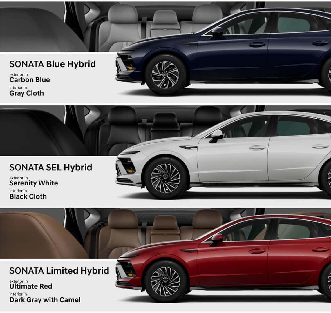Sonata Blue Hybrid: exterior in Carbon Blue, interior in gray cloth. Sonata SEL Hybrid: exterior in Serenity White, interior in black cloth. Sonata Limited Hybrid: exterior in Ultimate Red, interior in dark gray with camel.
