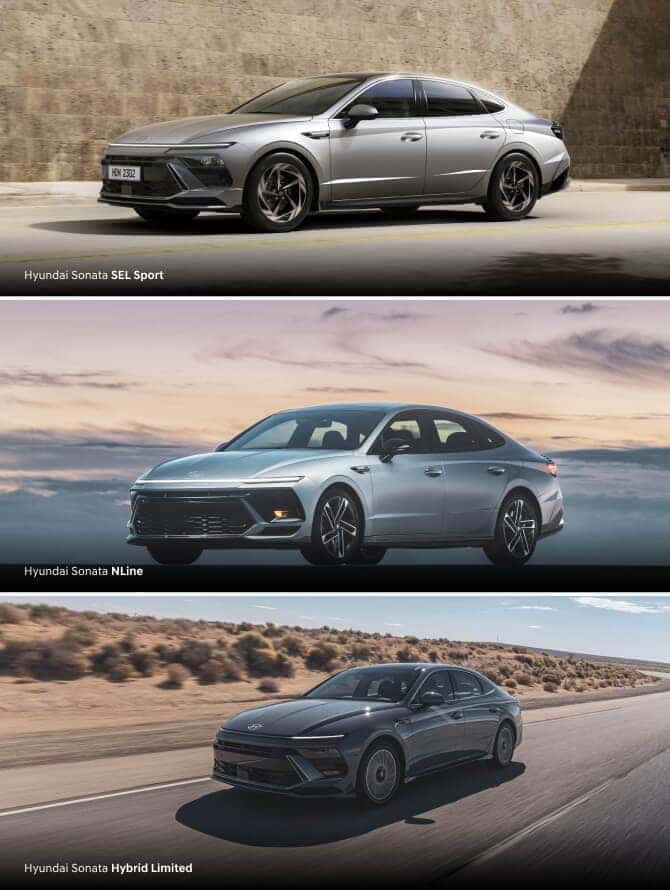 Collage of Hyundai Sonata trims: SEL Sport, N Line, and Hybrid Limited.
