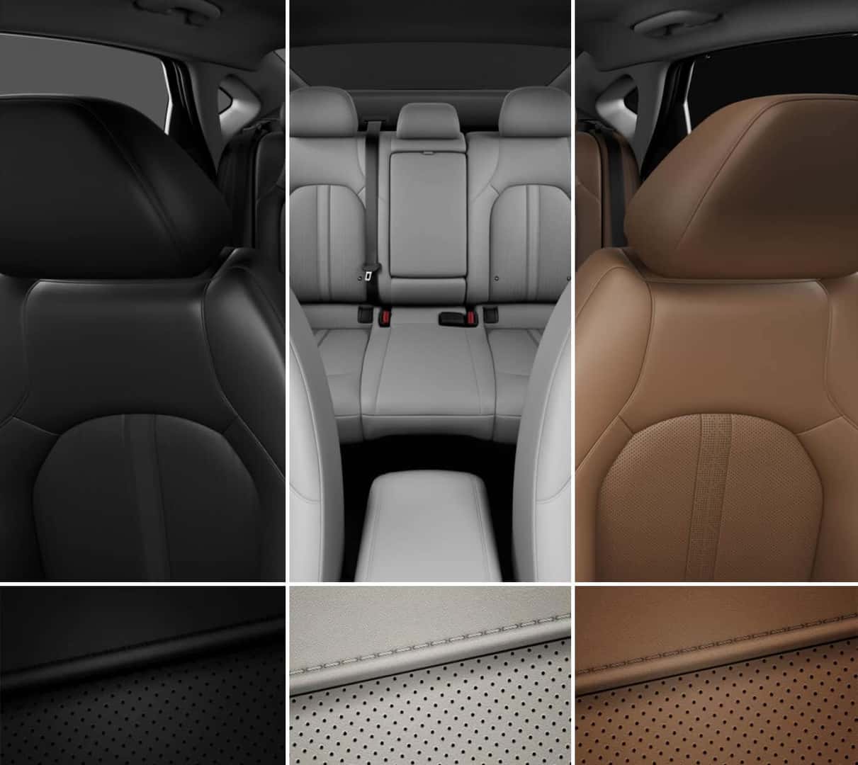 Interior reverse shot of the 2026 Hyundai Sonata upholstery. The image is split between Black, Gray and Dark Gray with Camel trims.
