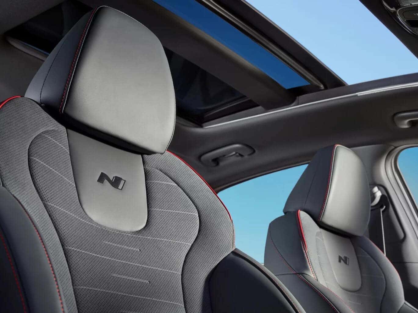 Interior reverse close-up of the Hyundai Sonata N-Line interior upholstery details.