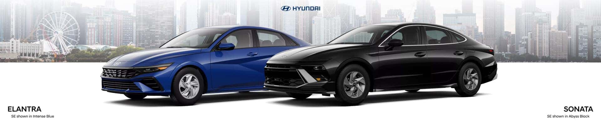 Front three-quarter view of a 2026 Hyundai Elantra SE in Intense Blue next to a Hyundai Sonata SE in Abyss Black Pearl against a city skyline.