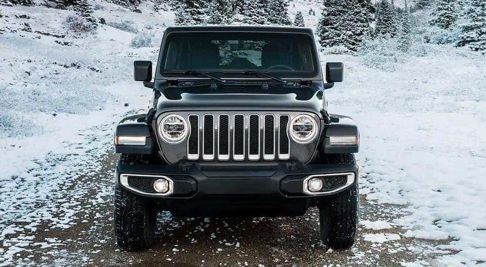 A gray 2019 Jeep Wrangler is shown from the front on a snowy trail.