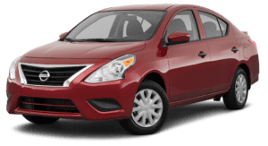 A red Nissan Versa