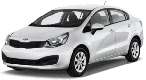 A silver 2015 used Kia Rio is shown on a white background facing left.