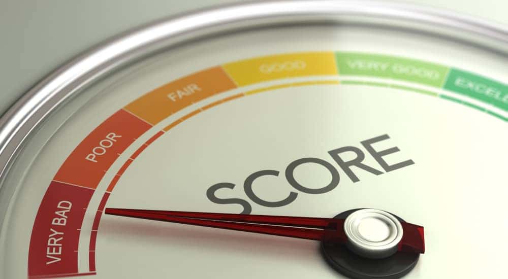 Credit score scale with the hand toward "VERY BAD"