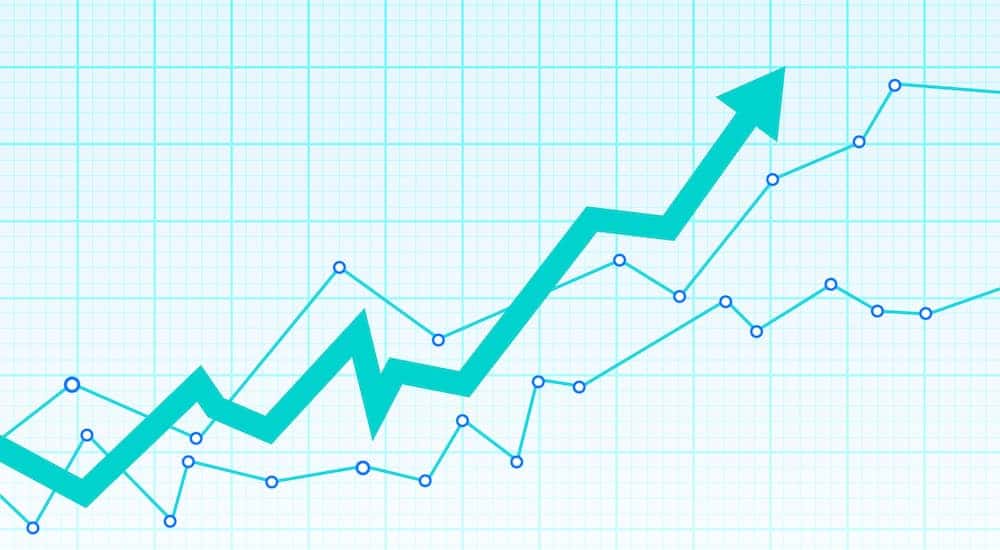 Teal line graph with two skinny lines going up over time and one thick arrow following the trend between them