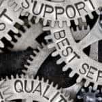 Silver gears overlapping and working with one another that say "Trust," "Support," "Best Service," Satisfy," and "Quality" on them