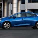 A parked blue 2017 Chevy Volt.