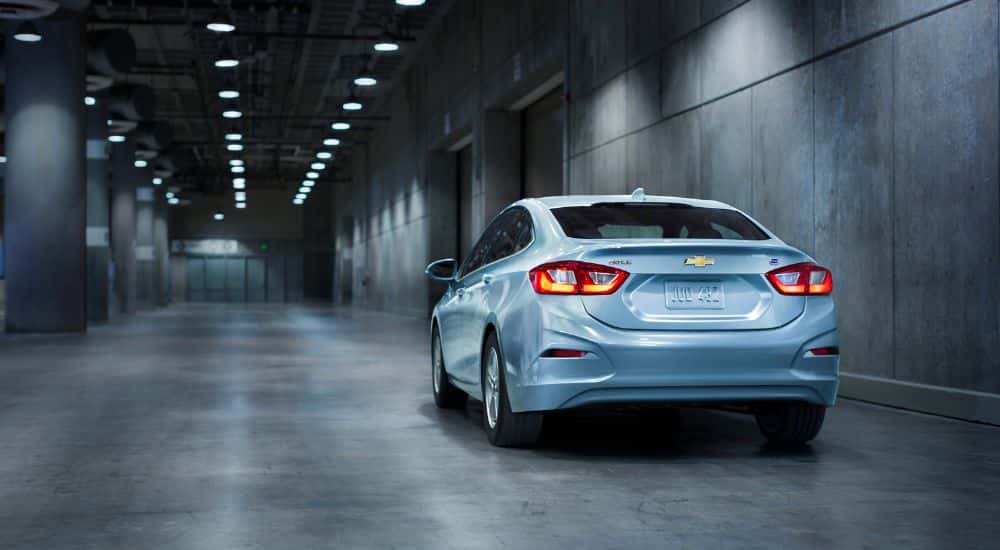 Blue 2017 Chevy Cruze parked in a building.