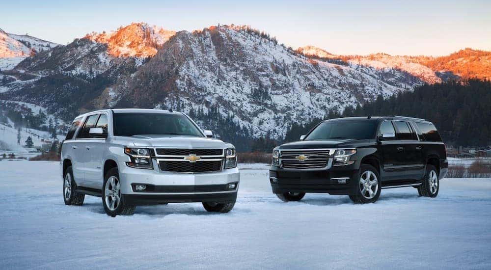 White 2015 Chevy Tahoe and a black 2015 Chevy Suburban parked by a lake.