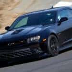 A black 2015 Chevy Camaro Z28 from the front.