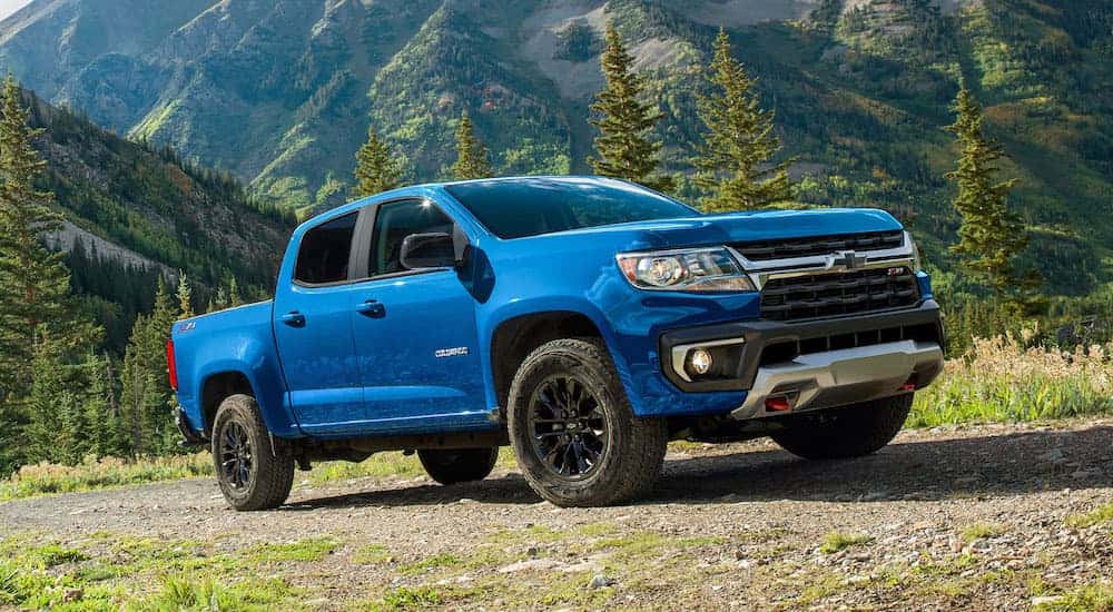 A blue 2022 Chevy Colorado Z71 from the side.