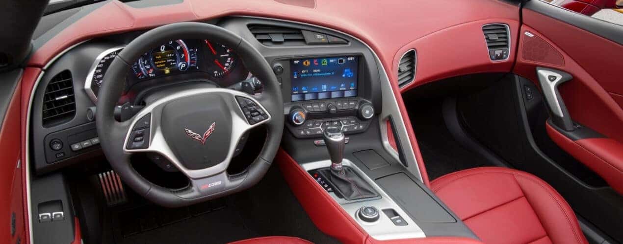 The red interior of a 2016 Chevy Corvette Z06.