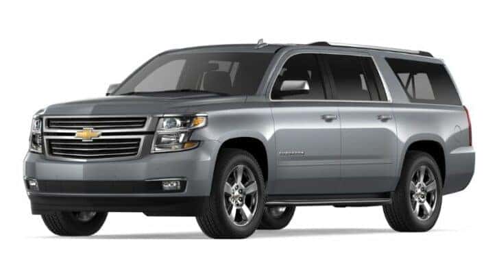 A silver 2017 Chevy Suburban LTZ is angled left.