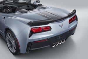 The rear is shown of a silver 2017 Chevy Corvette.