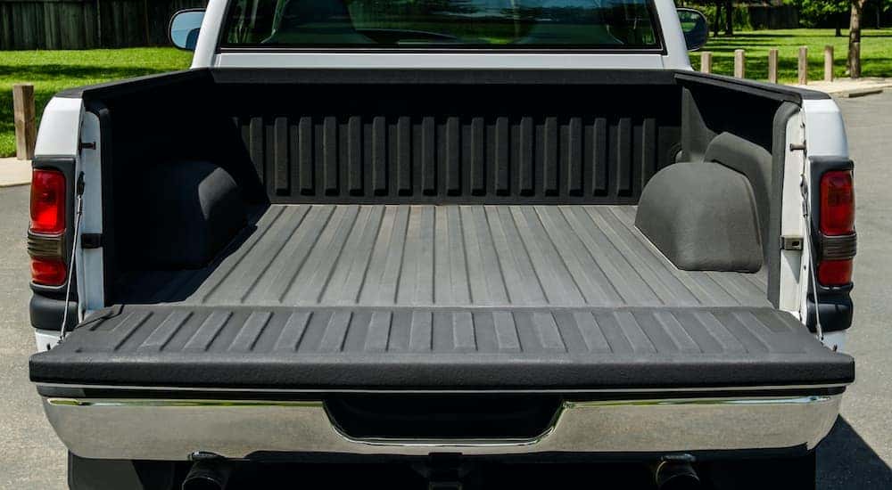 A close up shows a truck bed.