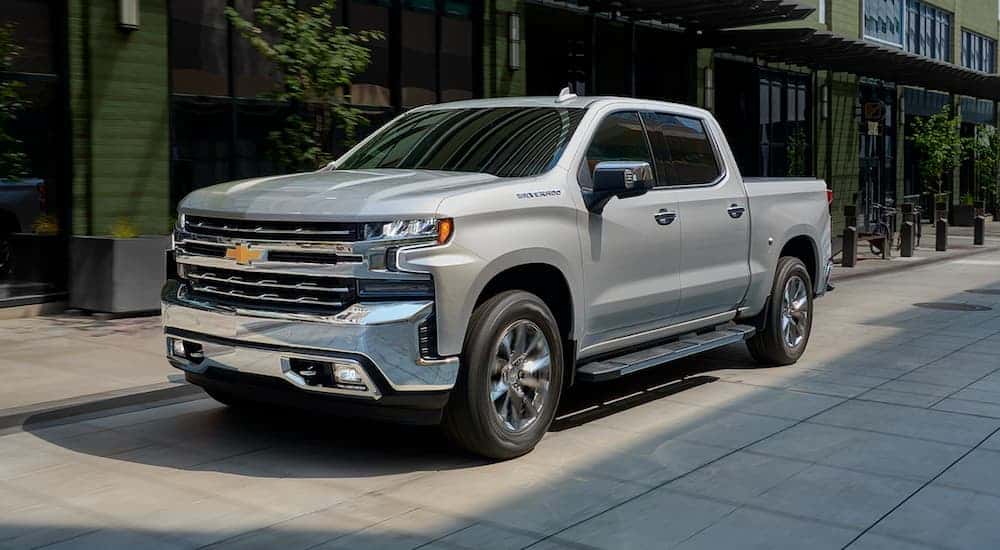 A silver 2017 Chevy Silverado 1500 from the front at an angle.