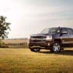 A popular used truck for sale, a brown 2018 Chevy Silverado 1500, is parked in a field next to a tree.