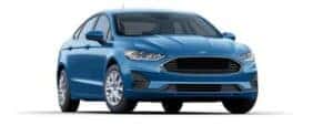 A blue 2018 Ford Fusion is angled right.