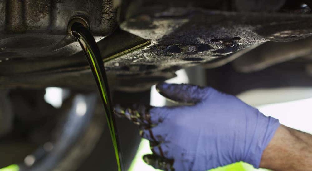 A gloved hand and oil being drained from vehicle