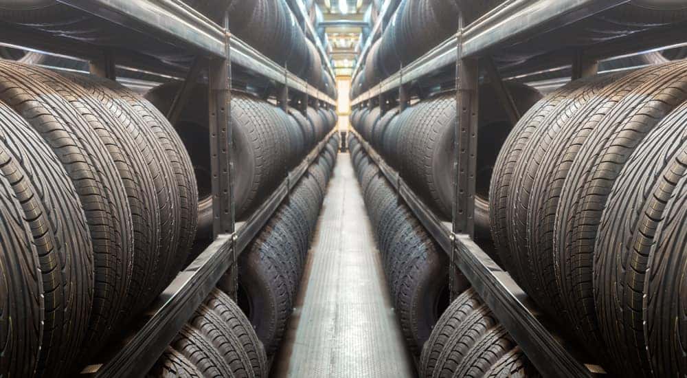 Tires in rows at a tire shop in Cincinnati