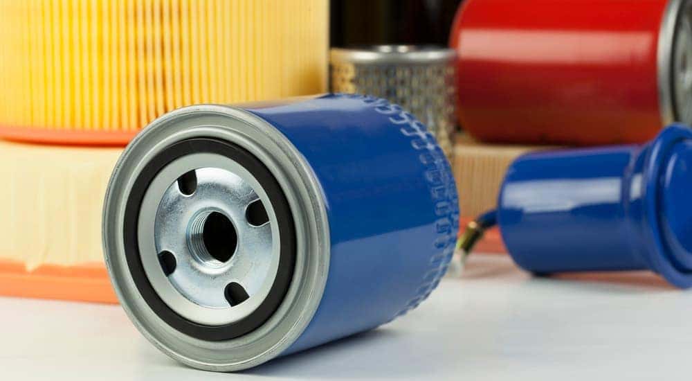 Oil and air filters on display at a express oil change garage