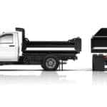 A white 2019 Silverado 3500HD Chassis Cab with a dump bed is shown on a white background and can be found with other dump trucks for sale in Cincinnati, OH.