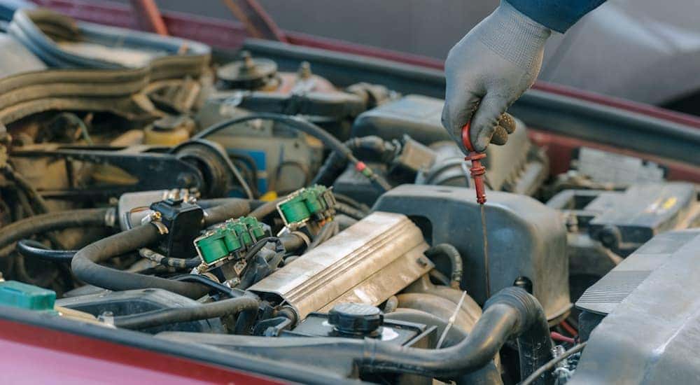 A mechanic is checking the dip stick during an oil change in Cincinnati, OH.