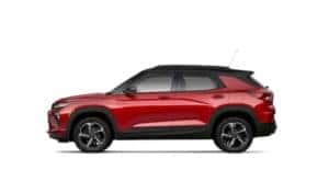 A red 2021 Chevy Trailblazer is facing left.