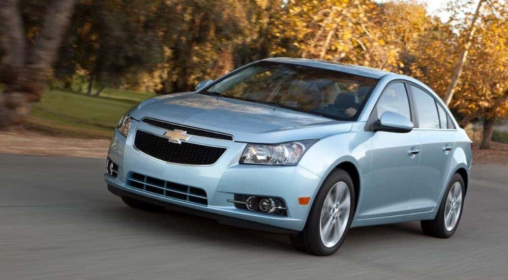 A baby blue 2012 Chevy Cruze is a popular used car that can found at a buy here pay here dealer.