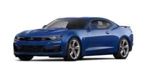 A blue 2020 Chevy Camaro is facing left.