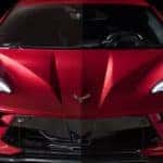 The front end of the all-new 2020 Chevy Corvette is shown, while parked in a dark lit garage in Cincinnati, OH.