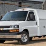 A 2020 Chevy truck, popular among box trucks for sale, is at a construction site in Cincinnati, OH.