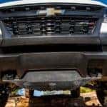 The underneath of the front end of a 2020 Chevy Colorado with GM Performance skid plates.